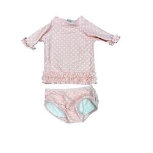 RuffleButts Pink Polka Dot Ruffled Rash Guard Bikini 6-12 months